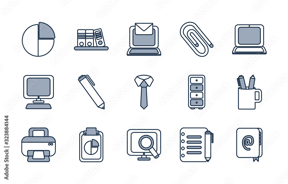 Isolated office half line half color style icon set vector design Isolated office half line half color style icon set vector design