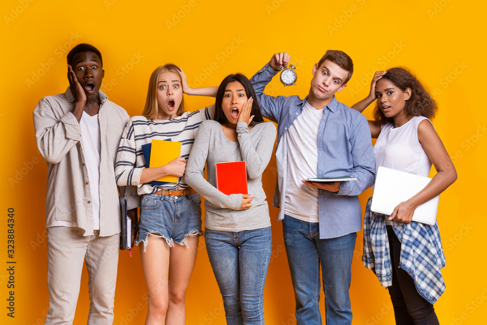 Fototapeta premium Stressed group of international students holding alarm