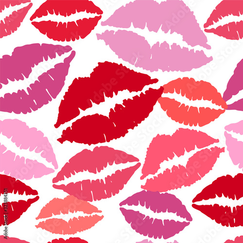 Lips pattern. Vector seamless pattern with womans red and pink kissing flat lips. Lipstick kiss illustration Isolated on white.