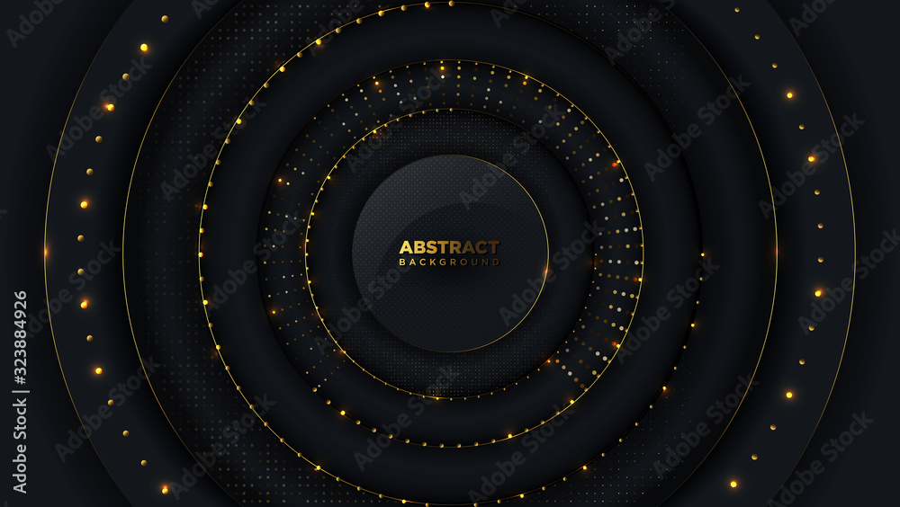 Abstract luxury circle background with golden halftone and golden ball beads. Premium Vector