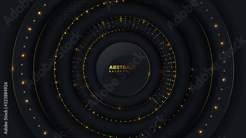 Abstract luxury circle background with golden halftone and golden ball beads. Premium Vector