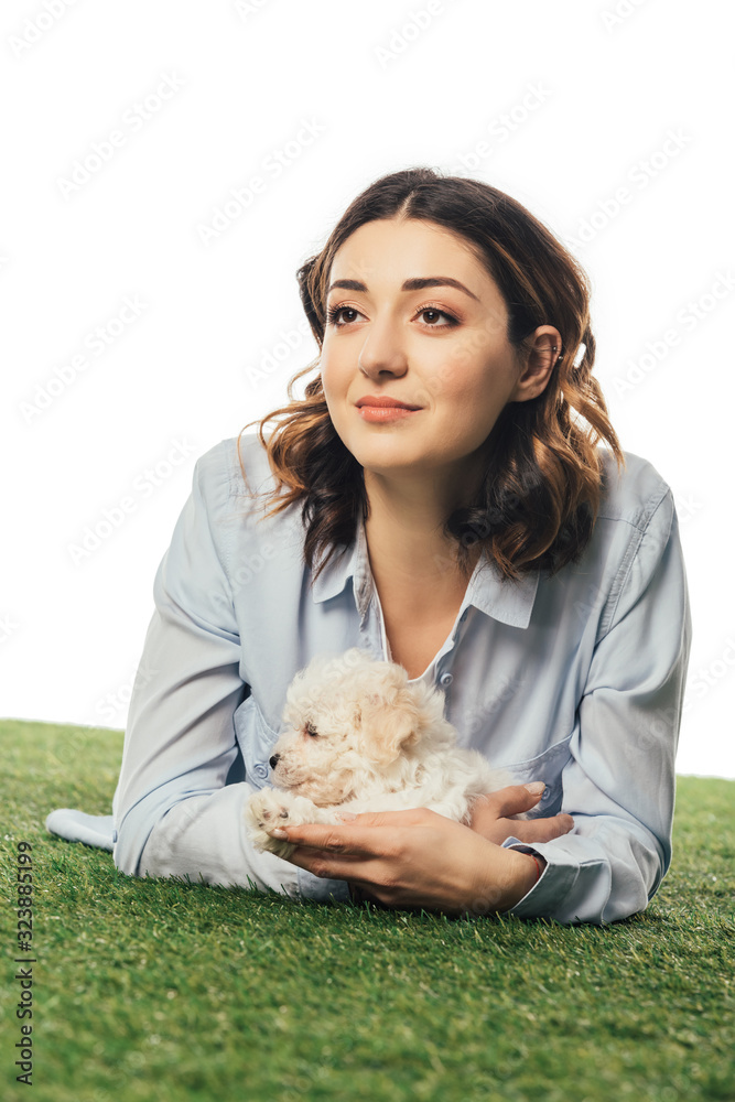 smiling woman with Havanese puppy lying on grass isolated on white smiling woman with Havanese puppy lying on grass isolated on white
