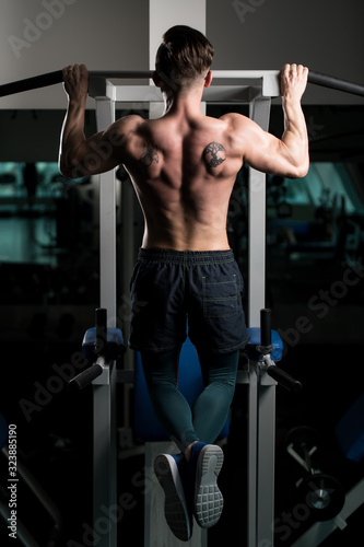 Bodybuilder Exercising Back In Gym