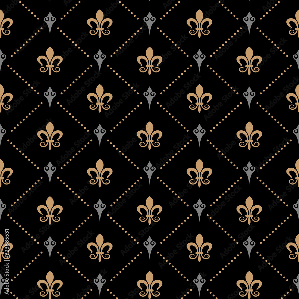 Dark seamless background. Background pattern in modern style. Textile design texture. Black, gold and silver color. Wrapping paper design