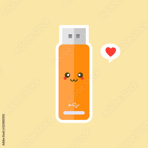 kawaii and cute USB Flash Drive icon isolated on color background. Memory Stick icon in flat style. Flash disk character with face expression. can use for technology, mascot, IT element, website, icon