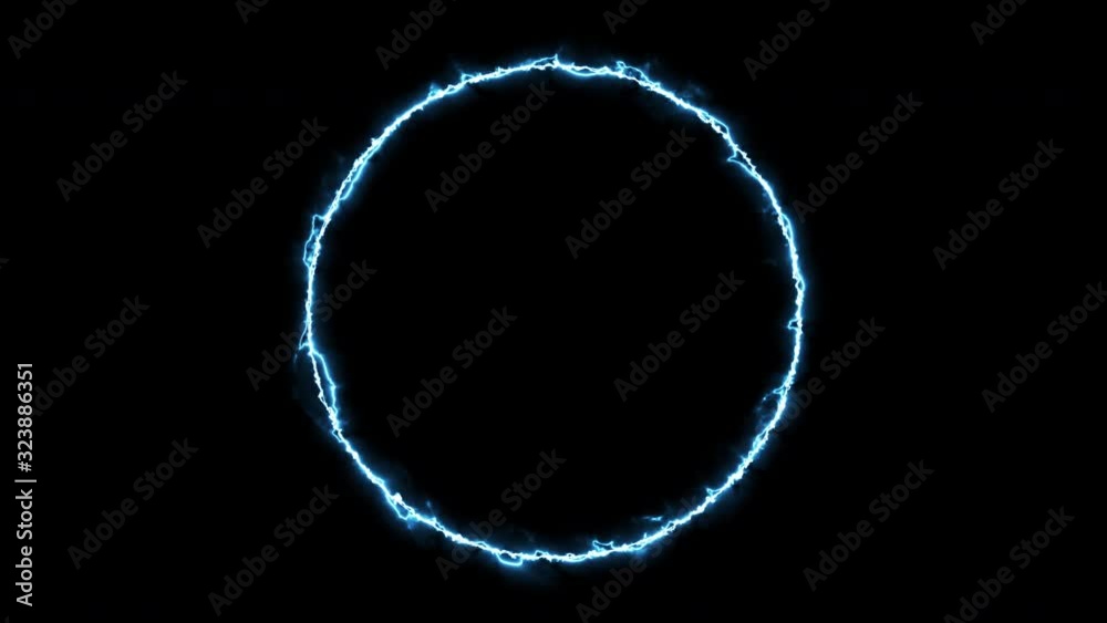 Empty circle, wheel frame with electric power border glowing, burning flame sign. Blank circle fire with electric power around frame lights. The best stock of animation round blue electric power