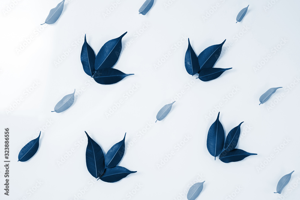 Fototapeta premium green and yellow leaves isolated on a white background. spring composition. top view, layout . flat lay. classic blue color of the year 2020. color trend