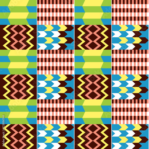 African Kente cloth style vector seamless textile pattern, tribal nwentoma design with geometric motif