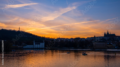 Beautiful sunset on the Vltava river. Prague city, CZ