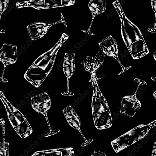 Wine, champagne bottle and glasses chalk drink , food vector seamless pattern on black background. Concept for menu, cards, wallpaper, wrapping paper  