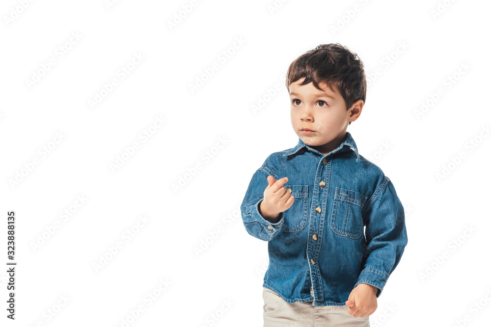 adorable boy on denim shirt looking away isolated on white adorable boy on denim shirt looking away isolated on white