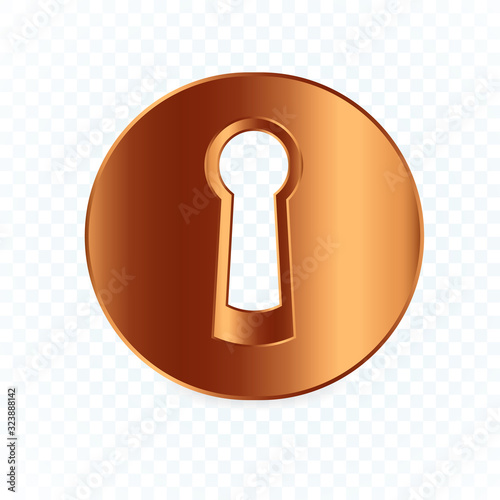 Isolated round keyhole on white transparent background, flat bronze lock element, circle realistic keyhole symbol. Secure, safety and protect logo, vector emblem