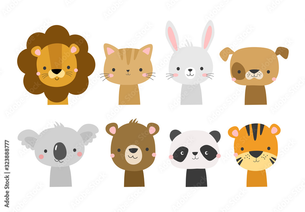 Cute animal faces in cartoon hand drawn style. Vector character illustration for baby, kids card, poster, invitation, apparel, nursery decor. Koala, lion, dog, bunny, bear, panda, tiger, cat. Cute animal faces in cartoon hand drawn style. Vector character illustration for baby, kids card, poster, invitation, apparel, nursery decor. Koala, lion, dog, bunny, bear, panda, tiger, cat.