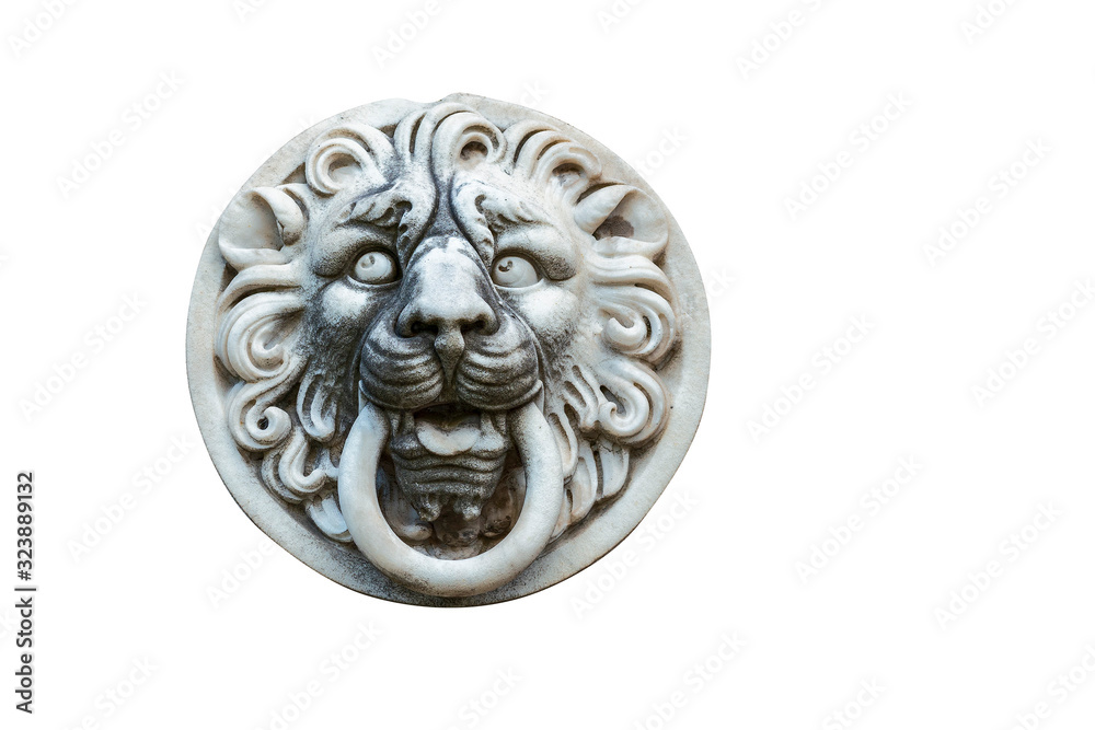 plaster head of a lion as a decoration element of a building facade isolated on white background