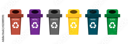 Multicolored baskets with recycling symbol on white background. Sorting garbage. Ecology and recycling concept.