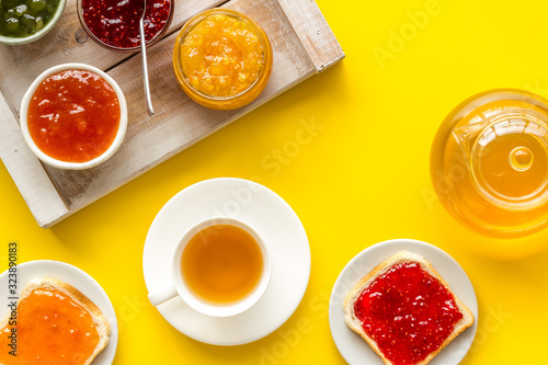 Wallpaper Mural Tea party with jam. Toast, teapot, cup on yellow background Torontodigital.ca