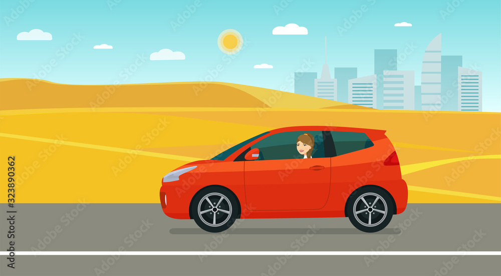 Compact hatchback car with a young woman driving on a desert background. Vector flat style illustration.