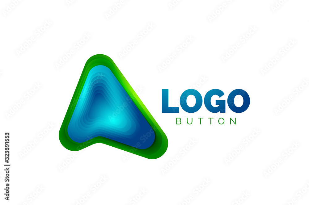 Arrow logo template. Or play or download button logotype template. Minimal geometrical design, 3d geometric bold symbol in relief style with color blend steps effect. Vector Illustration Arrow logo template. Or play or download button logotype template. Minimal geometrical design, 3d geometric bold symbol in relief style with color blend steps effect. Vector Illustration