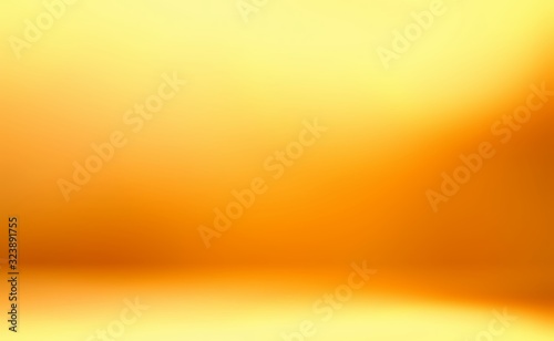 3d studio yellow vibrant empty background. Wall and floor defocused texture. Golden room abstract illustration. Amber shiny blurred surface.