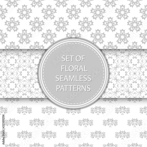 Gray and white floral seamless patterns. Compilation of designs with flowers