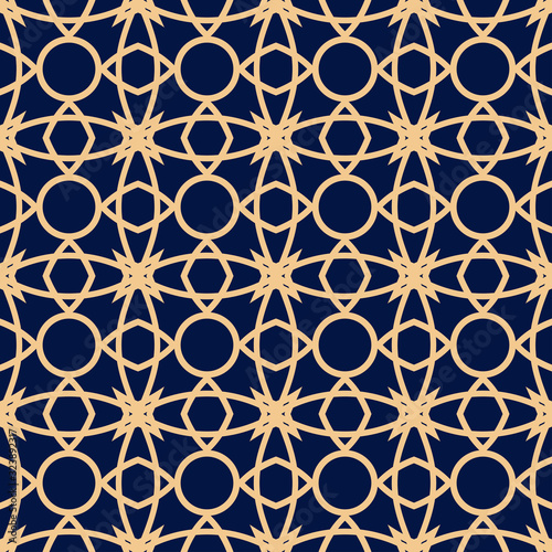 Dark blue seamless background with golden pattern. Arabic ornament