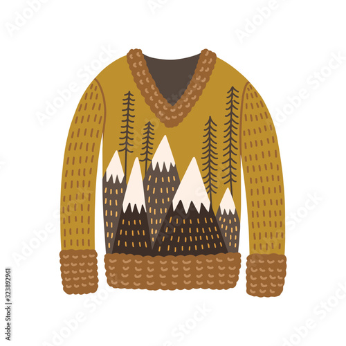 Knitted fluffy warm winter clothing vector flat illustration