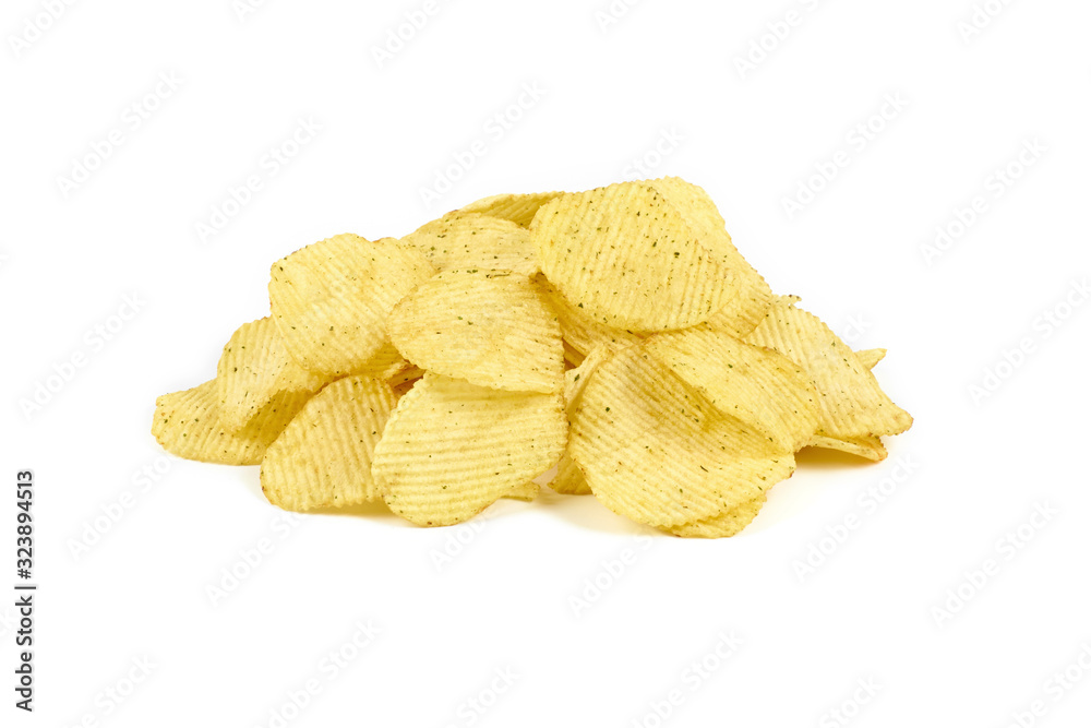 pile of ribbed potato chips isolated on white background pile of ribbed potato chips isolated on white background