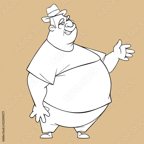 sketch of a cartoon fat smiling man in a hat