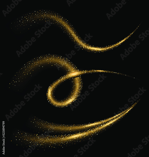 Dynamic golden trail. Glittering trace of star dust. Vector motion elements