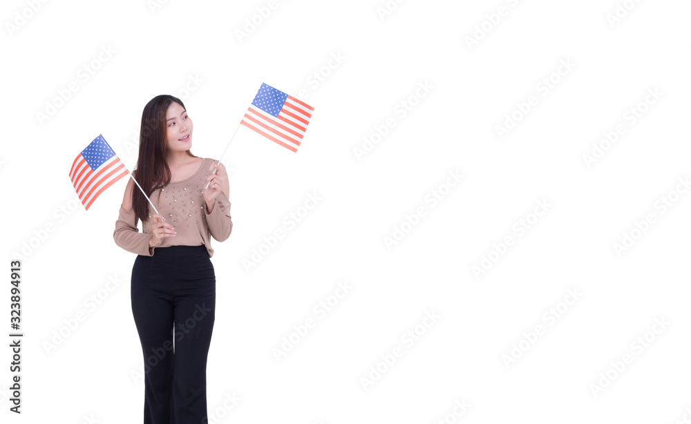 Young woman stand holding China flag with white background. Space for Text Young woman stand holding China flag with white background. Space for Text