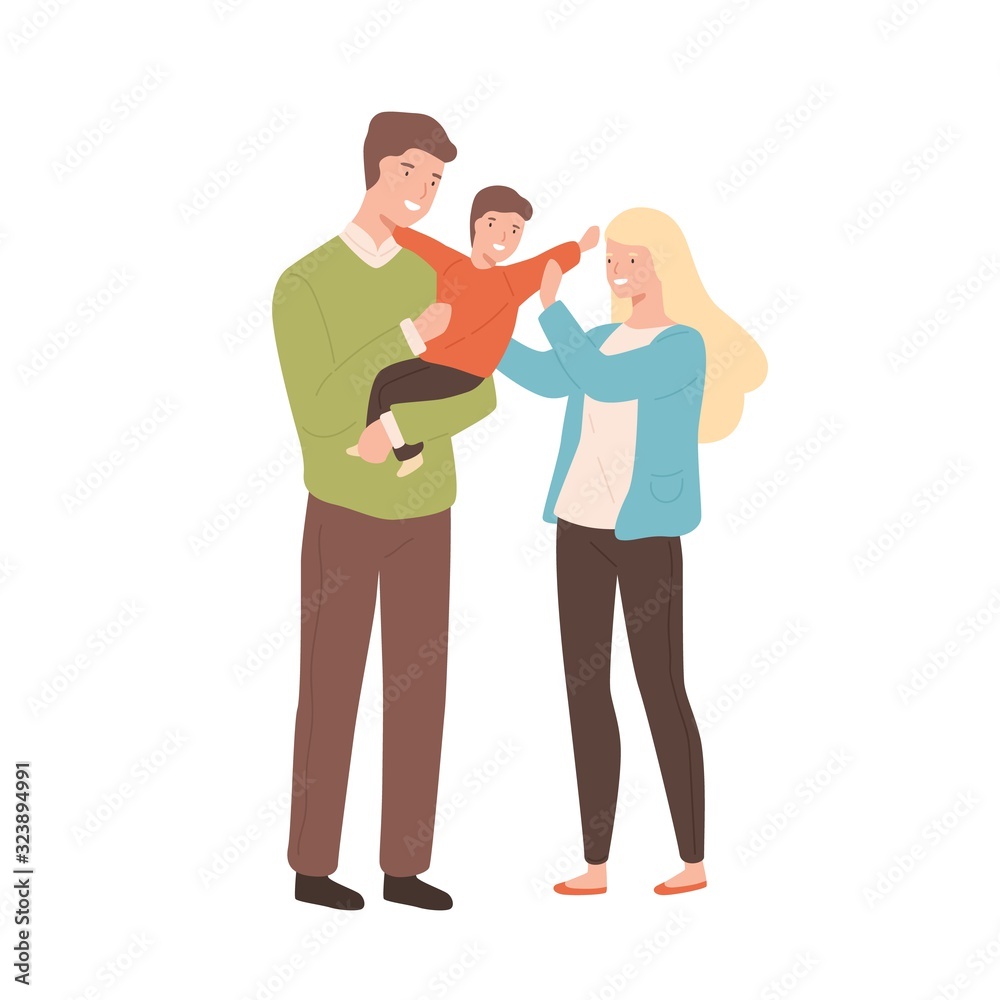 Happy cartoon family mother, father and kid vector flat illustration. Smiling young parents holding little son isolated on white background. Joyful man and woman enjoy parenthood