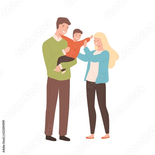 Happy cartoon family mother, father and kid vector flat illustration. Smiling young parents holding little son isolated on white background. Joyful man and woman enjoy parenthood