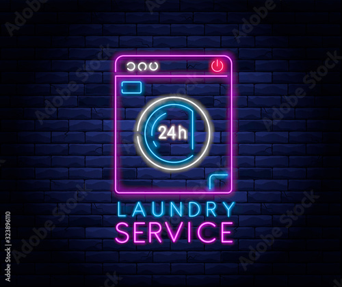 Dry cleaning service neon banner. Laundry room neon symbol on background of brick wall vector illustration. 24 hour laundromat service night neon signboard.