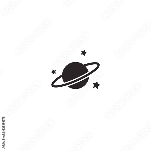 planetwith satellites and stars. Black icon isolated on white. Cosmos, universe, space sign.