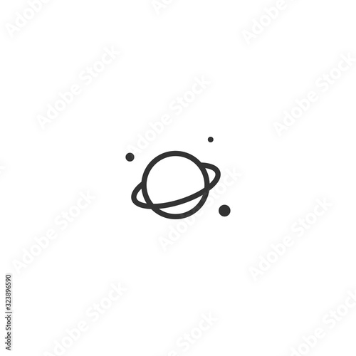 planetwith satellites and stars. Black icon isolated on white. Cosmos, universe, space sign.