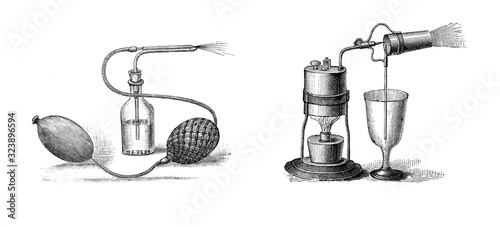 Parfume atomizer / perume bottle with tomizer / Antique engraved illustration from Brockhaus Konversations-Lexikon 1908 photo