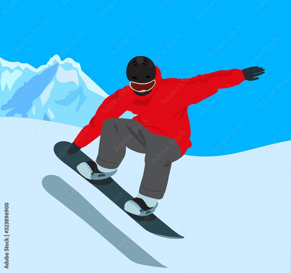 Vector illustration of a jumping snowboarder, isolated on snow mountains background.