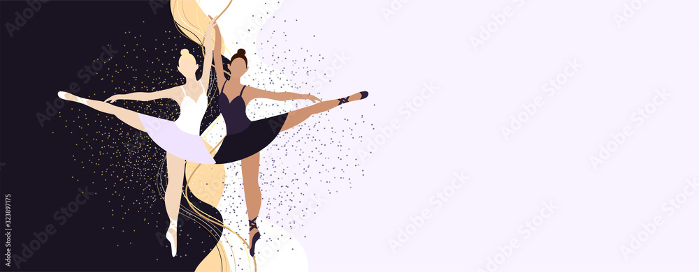 Two ballerinas are standing on pointe shoes. Blonde on a dark background and a black-skinned brunette on a light background. Beautiful girls with sparkles around.Elegant background and place for text.