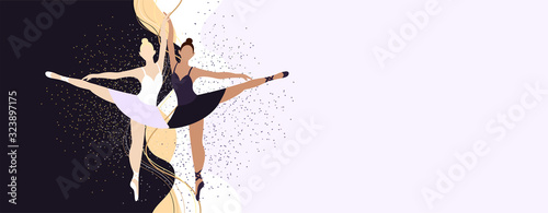 Obraz na płótnie Two ballerinas are standing on pointe shoes. Blonde on a dark background and a black-skinned brunette on a light background. Beautiful girls with sparkles around.Elegant background and place for text. w salonie