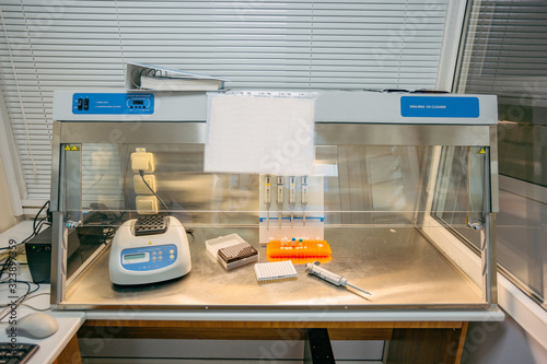 Laminar box with analytic equipment in laboratory