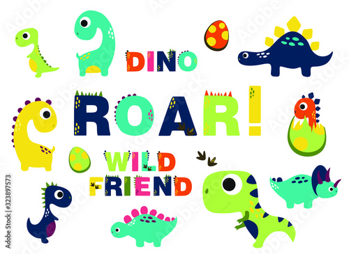 colored dinosaurs, inscription wild friends. Vector funny lettering quote with dino icon, scandinavian hand drawn illustration for greeting card, t shirt, print, stickers, posters design.