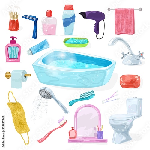 Big set with bathroom interior fixtures, accessories, washroom equipments, sanitary fittings, toiletries, personal hygiene and body, hair care products. Vector illustration isolated on white.