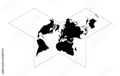 Map of the world illustration. Collignon butterfly projection. Plan world geographical map with graticlue lines. Vector illustration.