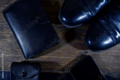 men's set. black shoes, leather wallet, phone