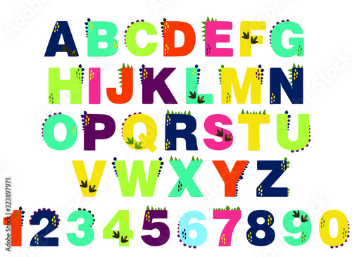 alphabet for children. Kids learning material. Card for learning alphabet and numbers. color alphabet with dinosaurs