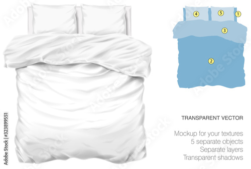 Vector blank white bed mock up for your design and fabric textures. Pillows and blanket with transparent shadows. View from the top
