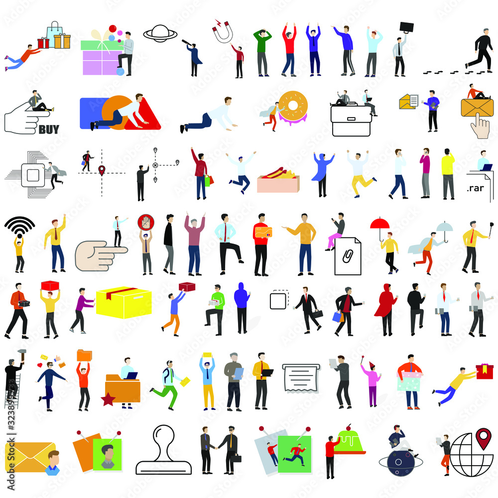 Set of 76 flat cartoon characters and icons on a white background. Various subjects, sports, technology, entertainment, finance, technology Set of 76 flat cartoon characters and icons on a white background. Various subjects, sports, technology, entertainment, finance, technology