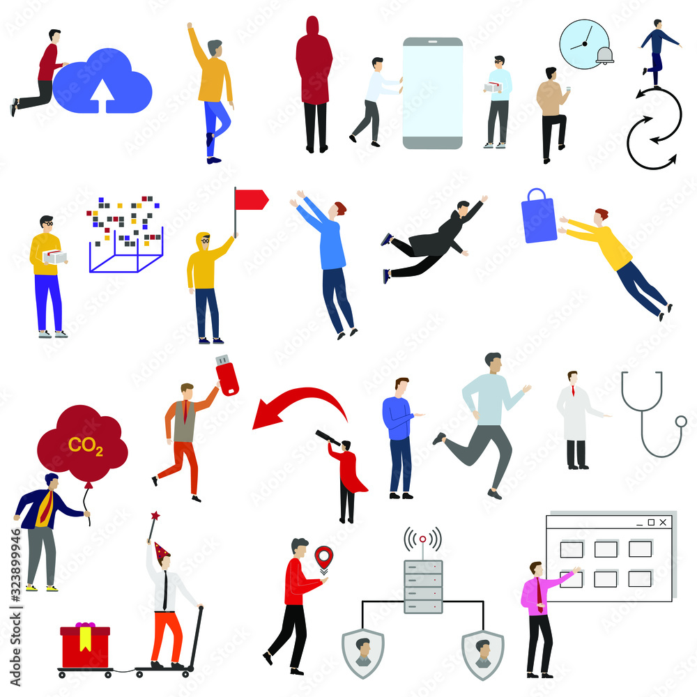 Set of 21 flat cartoon characters and icons. A variety of items, entertainment, technology, signs. Set of 21 flat cartoon characters and icons. A variety of items, entertainment, technology, signs.