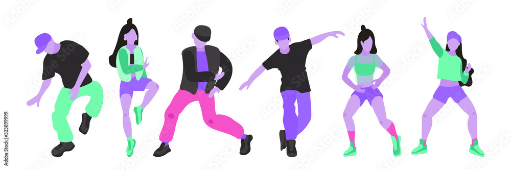 Vector collection of illustrations of girls and guys in modern clothes on a white isolated background. Hip hop and break dance dance Acidic and toxic bright colors and modern flat style