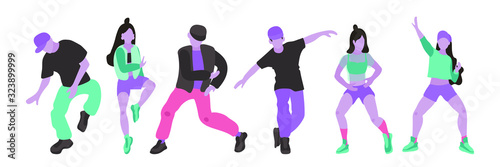 Obraz na płótnie Vector collection of illustrations of girls and guys in modern clothes on a white isolated background. Hip hop and break dance dance Acidic and toxic bright colors and modern flat style w salonie